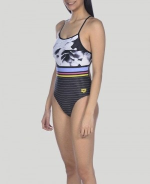 Arena Dark Floral Stripes Accelerate Back One Piece Body Damen Schwarz Mehrfarbig | 924507UEO