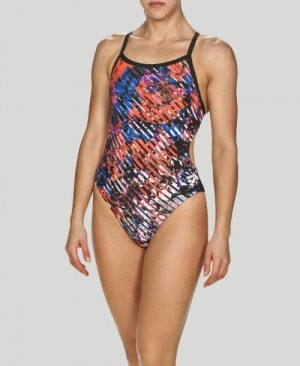 Arena Hyper Floral Stripes Challenge Back - Maxlife Bademode Damen Rot Weiß Blau | 618230KHX